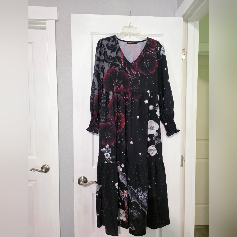 Floral Black and Red Long Sleeve Dress